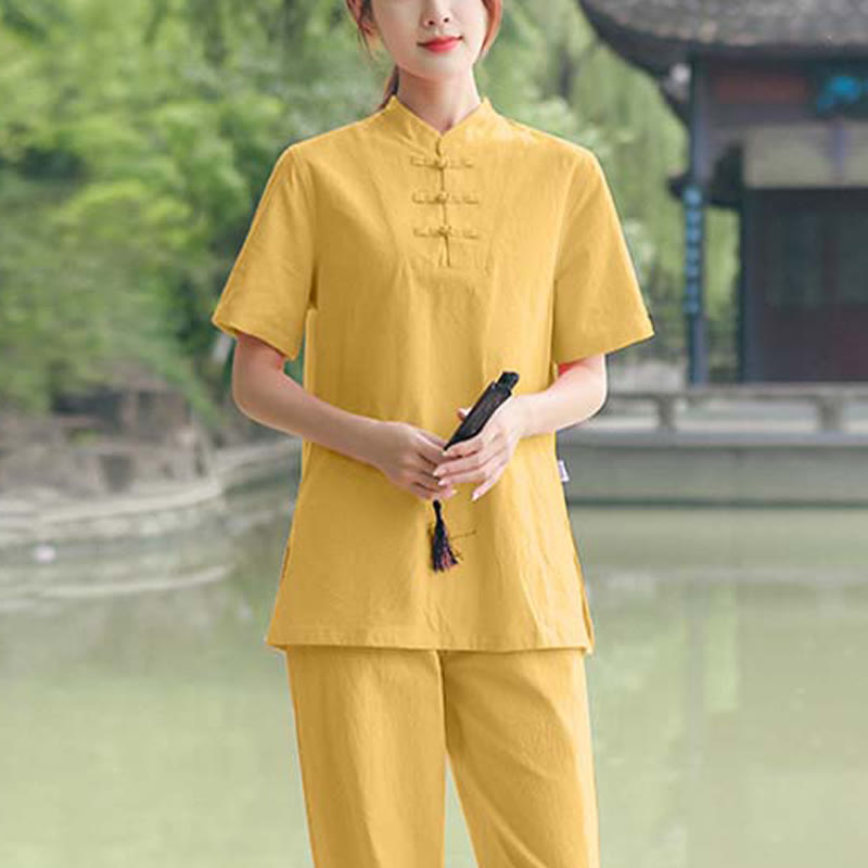 Set di abbigliamento da donna in cotone e lino con motivo Buddha Stones , composto da maglietta a maniche corte e pantaloni, ideale per meditazione, zen e tai chi. - Giallo (maglietta e pantaloni) - US18, UK/AU22, EU50 (6XL) - image 7