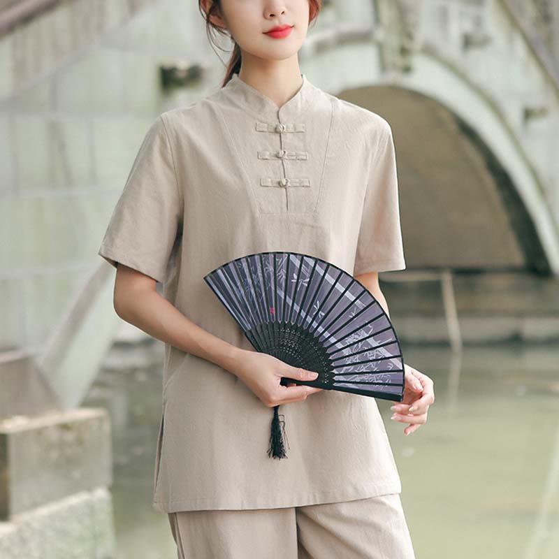Set di abbigliamento da donna in cotone e lino con motivo Buddha Stones , composto da maglietta a maniche corte e pantaloni, ideale per meditazione, zen e tai chi. - Kaki (maglia e pantaloni) - US18, UK/AU22, EU50 (6XL) - image 0