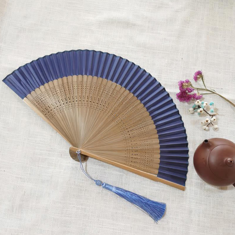 Ventaglio pieghevole in bambù con incisione cava semplice Buddha Stones - Blu Beige 22cm - image 10