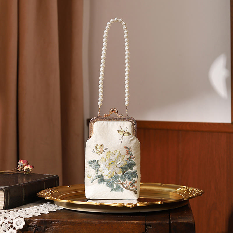 Borsa a tracolla con catena in metallo con perle ricamate , Buddha Stones, piccoli fiori, farfalla, borsa a tracolla, borsa per cellulare - 14*5*18,5 cm - image 0