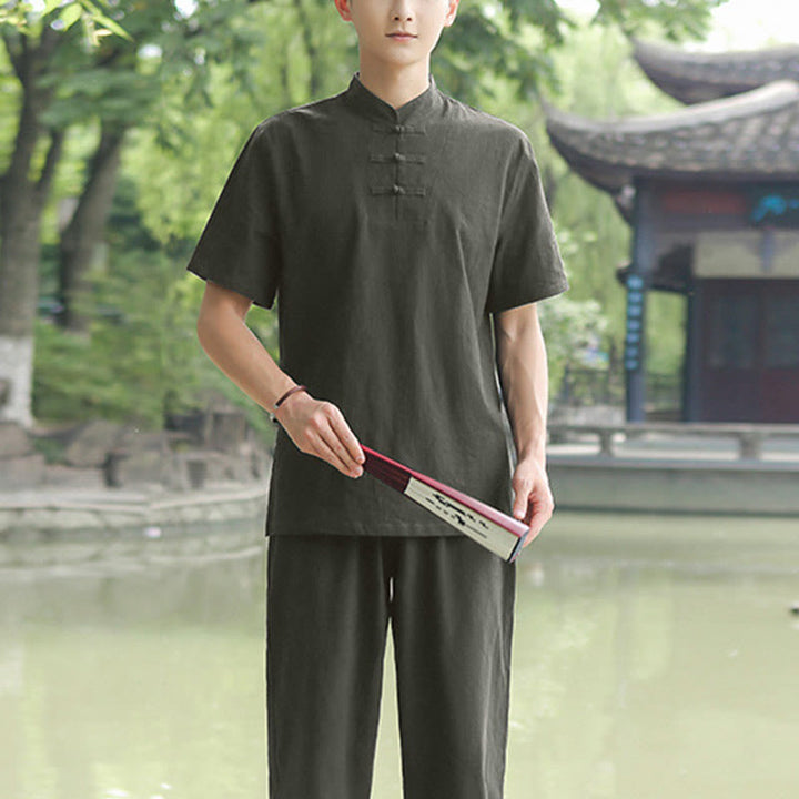 Buddha Stones 2 pezzi da uomo manica corta maglietta top pantaloni meditazione zen tai chi cotone lino abbigliamento set - Verde scuro (solo la parte superiore) - US/UK/AU48, EU58 (6XL) - image 10