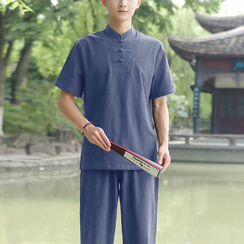 Buddha Stones 2 pezzi da uomo manica corta maglietta top pantaloni meditazione zen tai chi cotone lino abbigliamento set - Blu (maglietta e pantaloni) - US/UK/AU48, EU58 (6XL) - image 5