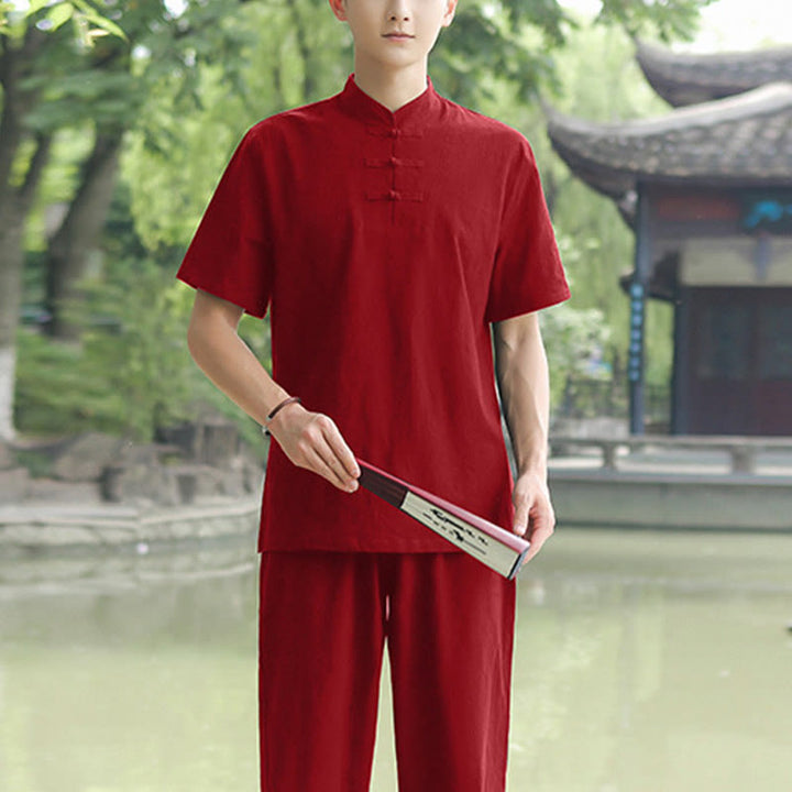 Buddha Stones 2 pezzi da uomo manica corta maglietta top pantaloni meditazione zen tai chi cotone lino abbigliamento set - Rosso vino (solo la parte superiore) - US/UK/AU48, EU58 (6XL) - image 9
