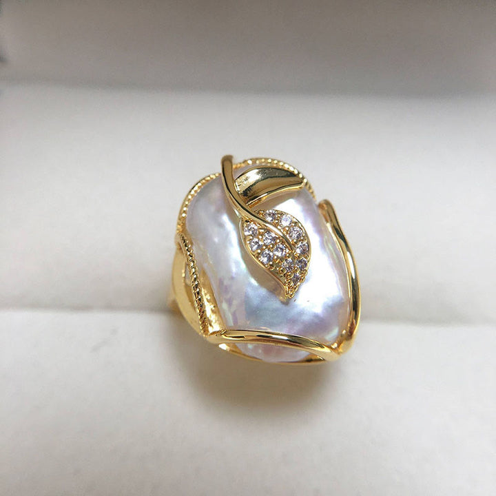 Anello Buddha Stones Pearl Rame Placcato Oro Fiore Felicità Ricchezza
