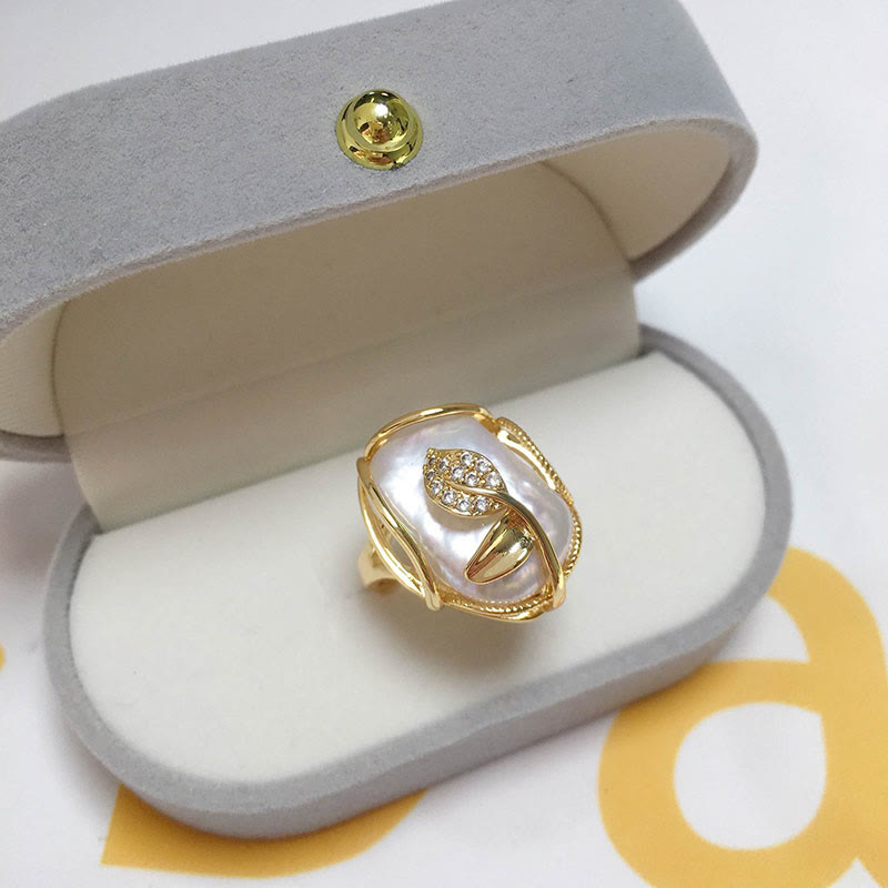 Anello Buddha Stones Pearl Rame Placcato Oro Fiore Felicità Ricchezza