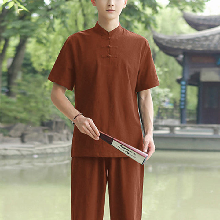 Buddha Stones 2 pezzi da uomo manica corta maglietta top pantaloni meditazione zen tai chi cotone lino abbigliamento set - Marrone (maglietta e pantaloni) - US/UK/AU48, EU58 (6XL) - image 6