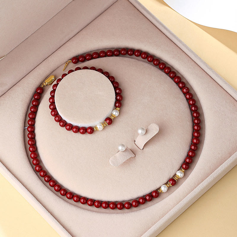 Buddha Stones 925 Sterling Silver Natural Cinnabar Pearl Blessing Collana Ciondolo Bracciale Orecchini Gioielli Set - 3 pezzi (collana, bracciale e orecchini) - image 0