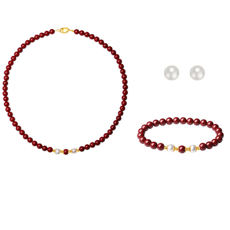 Buddha Stones 925 Sterling Silver Natural Cinnabar Pearl Blessing Collana Ciondolo Bracciale Orecchini Gioielli Set - image 9