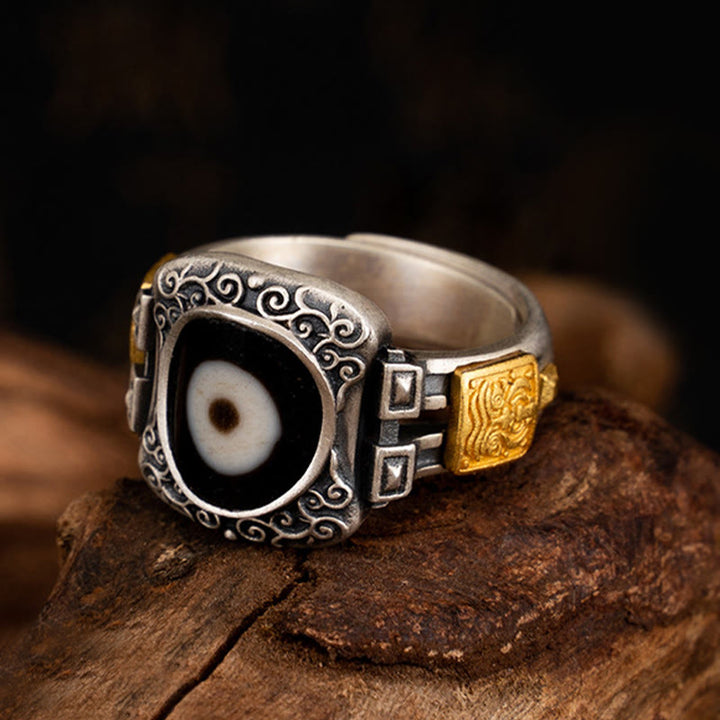 Anello di protezione con Buddha Stones Dzi in argento sterling 925 con design Zakiram della dea della ricchezza - Circonferenza: 7 cm (regolabile) - image 0