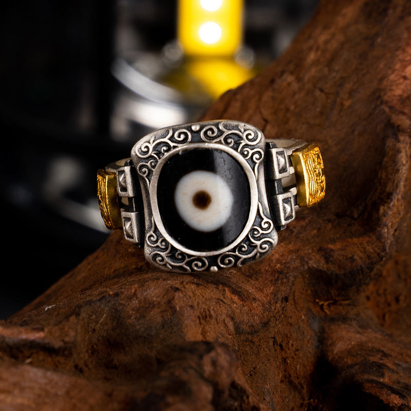 Anello di protezione con Buddha Stones Dzi in argento sterling 925 con design Zakiram della dea della ricchezza - image 1