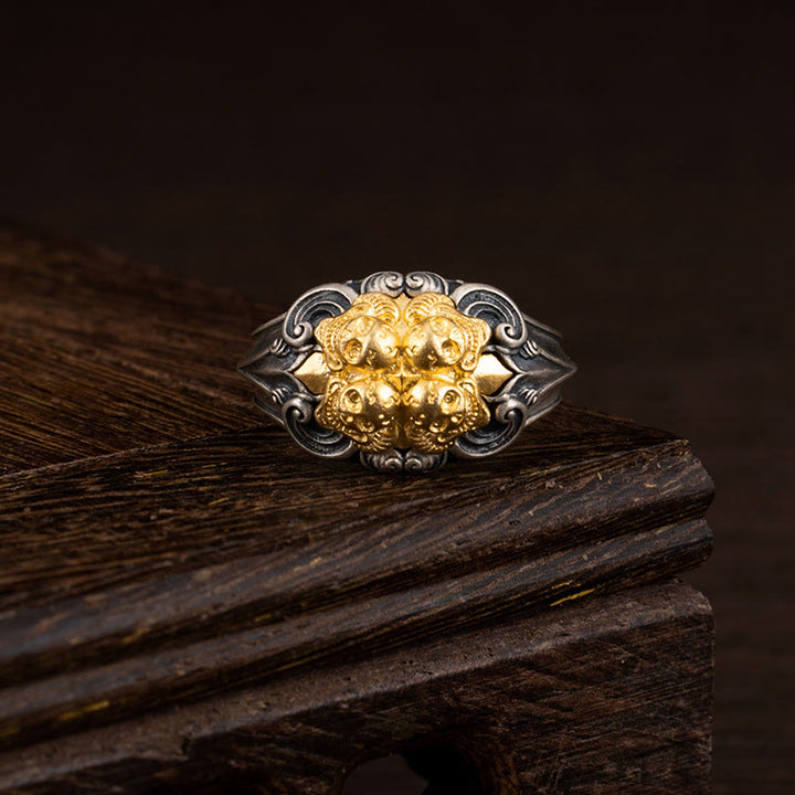 Anello regolabile con protezione del teschio tibetano in argento sterling 925 Buddha Stones - Circonferenza: 7,2 cm (regolabile) - image 0