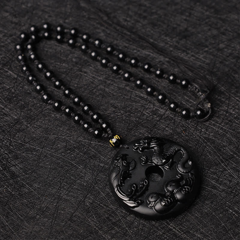Buddha Stones Ossidiana nera Drago Fenice Mandarino Anatra Fortuna Protezione Collana Pendente