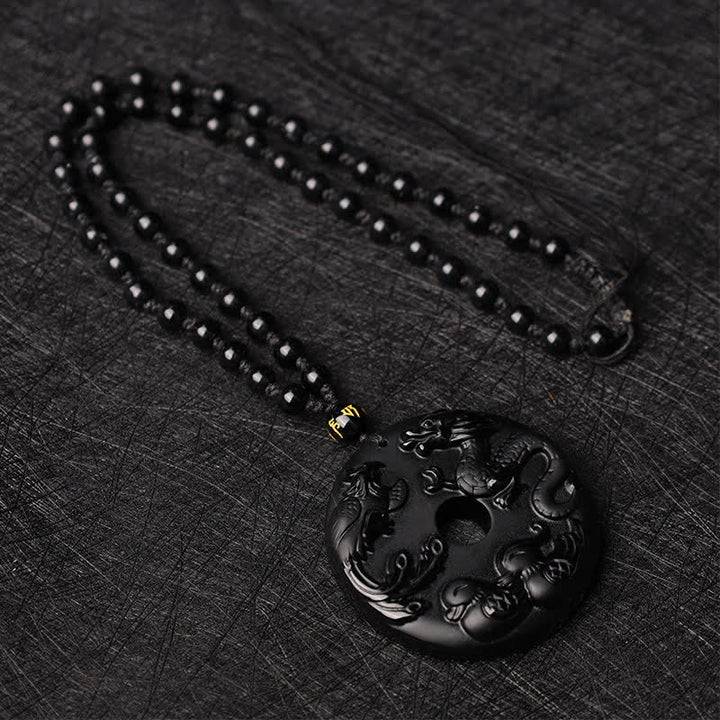 Buddha Stones Ossidiana nera Drago Fenice Mandarino Anatra Fortuna Protezione Collana Pendente
