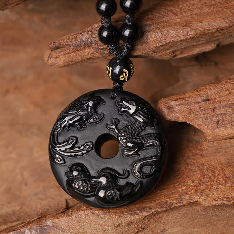 Buddha Stones Ossidiana nera Drago Fenice Mandarino Anatra Fortuna Protezione Collana Pendente