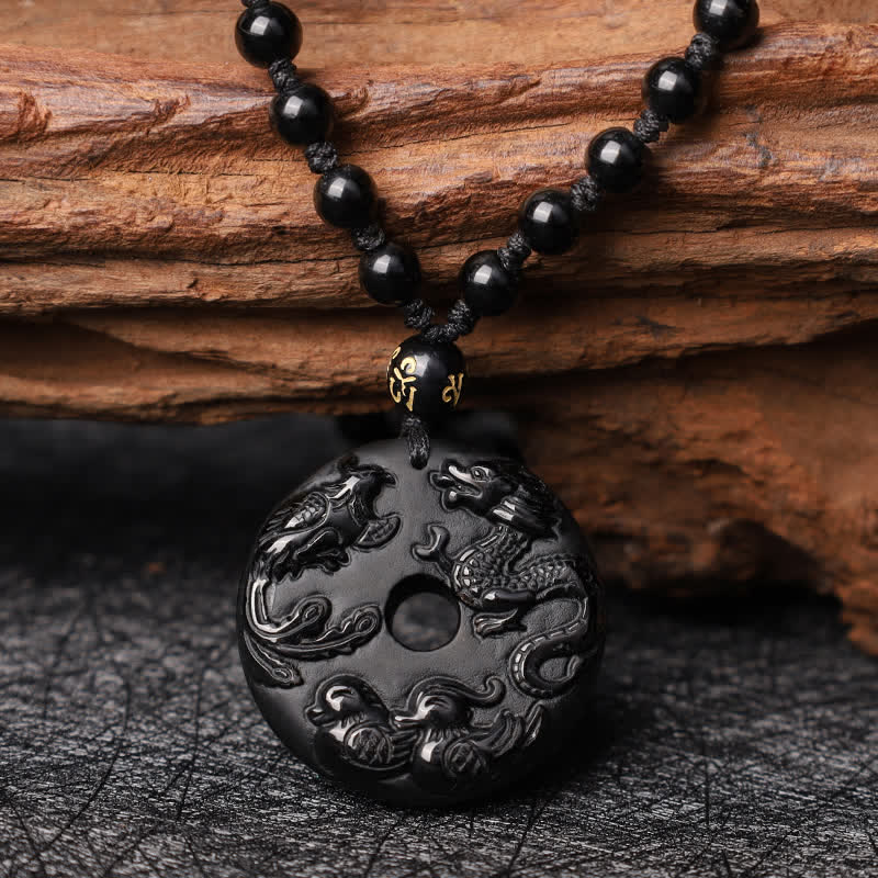 Buddha Stones Ossidiana nera Drago Fenice Mandarino Anatra Fortuna Protezione Collana Pendente