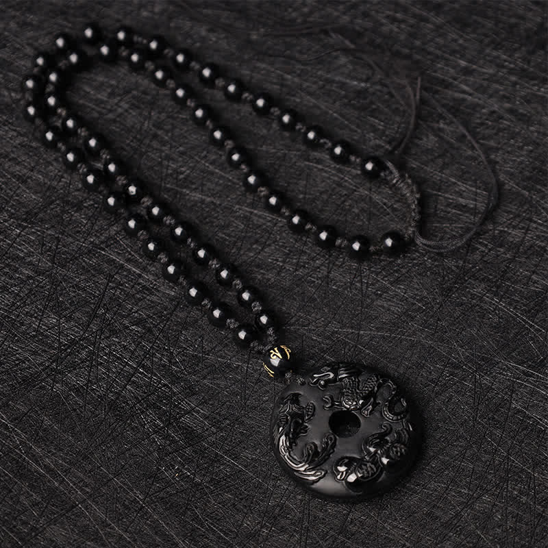 Buddha Stones Ossidiana nera Drago Fenice Mandarino Anatra Fortuna Protezione Collana Pendente