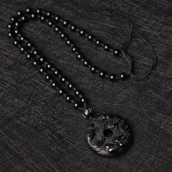 Buddha Stones Ossidiana nera Drago Fenice Mandarino Anatra Fortuna Protezione Collana Pendente