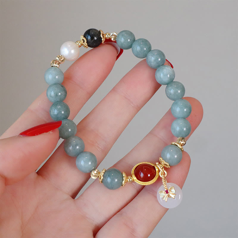 Braccialetto della fortuna con papillon in perle di agata rossa e giada naturale Buddha Stones