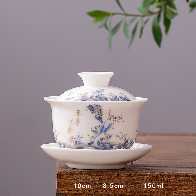 Buddha Stones porcellana bianca paesaggio di montagna campagna ceramica gaiwan tazza da tè kung fu tazza da tè e piattino con coperchio
