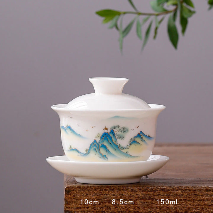 Buddha Stones porcellana bianca paesaggio di montagna campagna ceramica gaiwan tazza da tè kung fu tazza da tè e piattino con coperchio