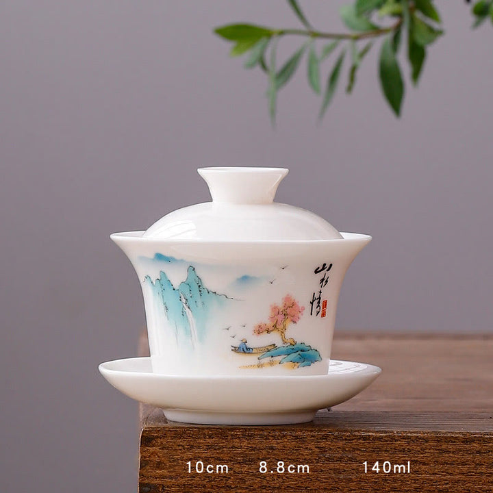 Buddha Stones porcellana bianca paesaggio di montagna campagna ceramica gaiwan tazza da tè kung fu tazza da tè e piattino con coperchio