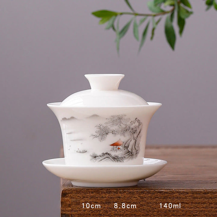Buddha Stones porcellana bianca paesaggio di montagna campagna ceramica gaiwan tazza da tè kung fu tazza da tè e piattino con coperchio