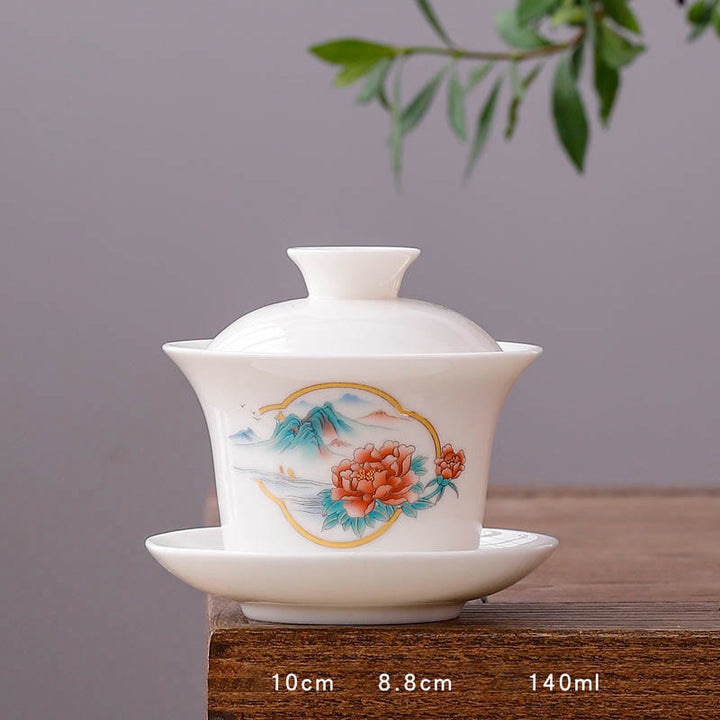 Buddha Stones porcellana bianca paesaggio di montagna campagna ceramica gaiwan tazza da tè kung fu tazza da tè e piattino con coperchio