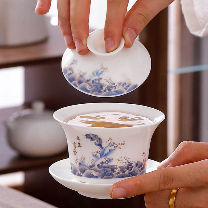 Buddha Stones porcellana bianca paesaggio di montagna campagna ceramica gaiwan tazza da tè kung fu tazza da tè e piattino con coperchio