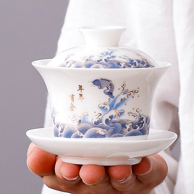 Buddha Stones porcellana bianca paesaggio di montagna campagna ceramica gaiwan tazza da tè kung fu tazza da tè e piattino con coperchio