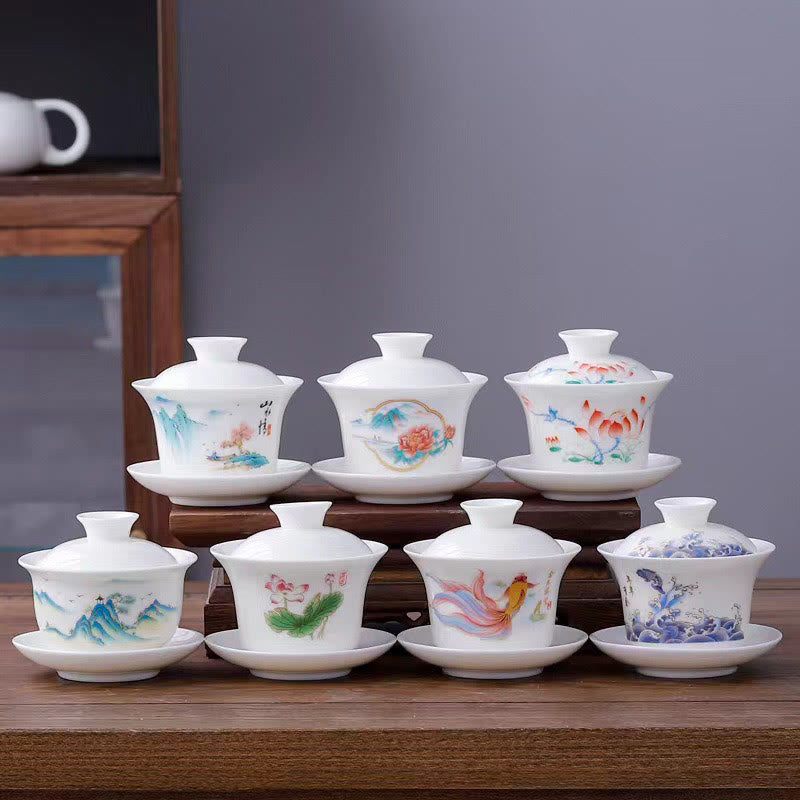 Buddha Stones porcellana bianca paesaggio di montagna campagna ceramica gaiwan tazza da tè kung fu tazza da tè e piattino con coperchio