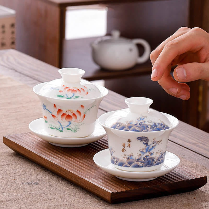 Buddha Stones porcellana bianca paesaggio di montagna campagna ceramica gaiwan tazza da tè kung fu tazza da tè e piattino con coperchio