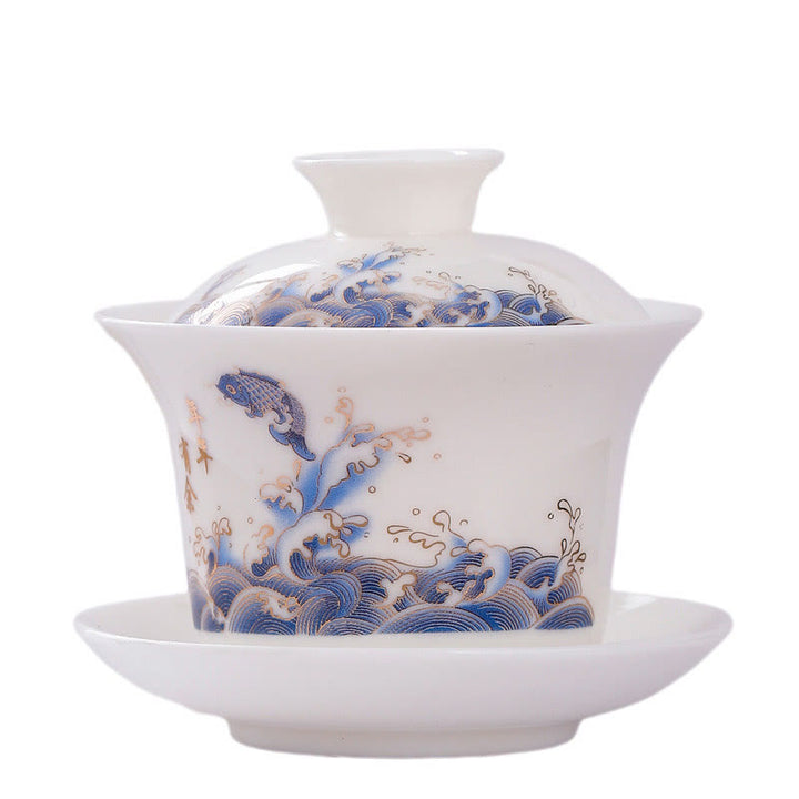 Buddha Stones porcellana bianca paesaggio di montagna campagna ceramica gaiwan tazza da tè kung fu tazza da tè e piattino con coperchio