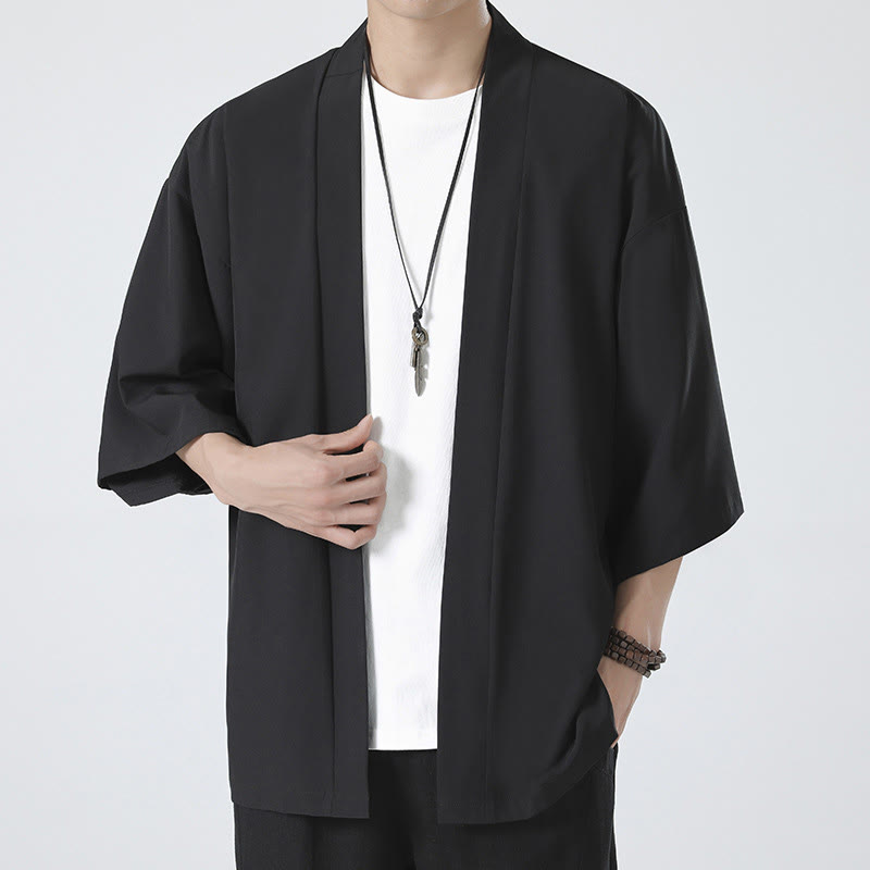 Kimono da uomo a tinta unita con apertura frontale e motivo Buddha Stones. - image 1