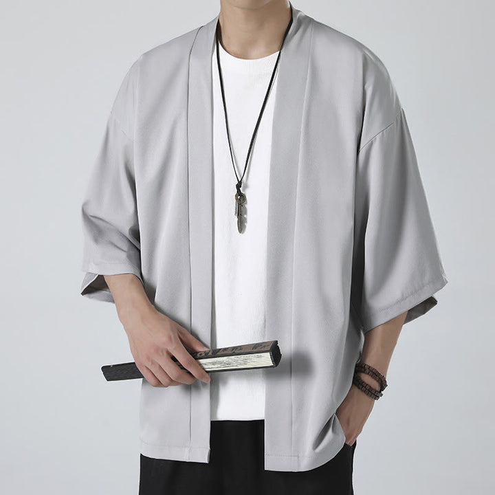 Kimono da uomo a tinta unita con apertura frontale e motivo Buddha Stones. - Grigio (solo giacca) - US/UK/AU46, EU56 (5XL) - image 12