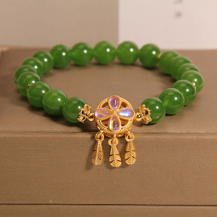 Braccialetto portafortuna con acchiappasogni in giada verde Buddha Stones e quadrifoglio
