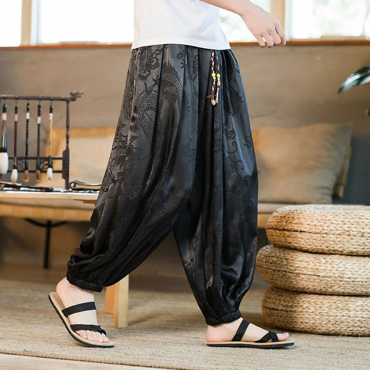 Pantaloni harem larghi da uomo con tasche e motivo a drago con Buddha Stones - Nero - US/UK/AU46, EU56 (5XL) - image 0