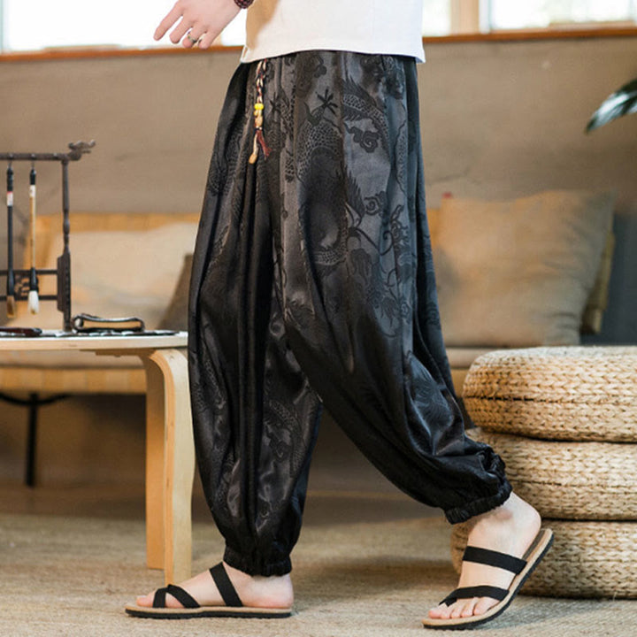 Pantaloni harem larghi da uomo con tasche e motivo a drago con Buddha Stones - image 1