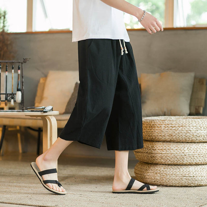Pantaloni da uomo a gamba larga, tinta unita, lunghezza media, con tasche, con Buddha Stones. - Nero - US/UK/AU46, EU56 (5XL) - image 0