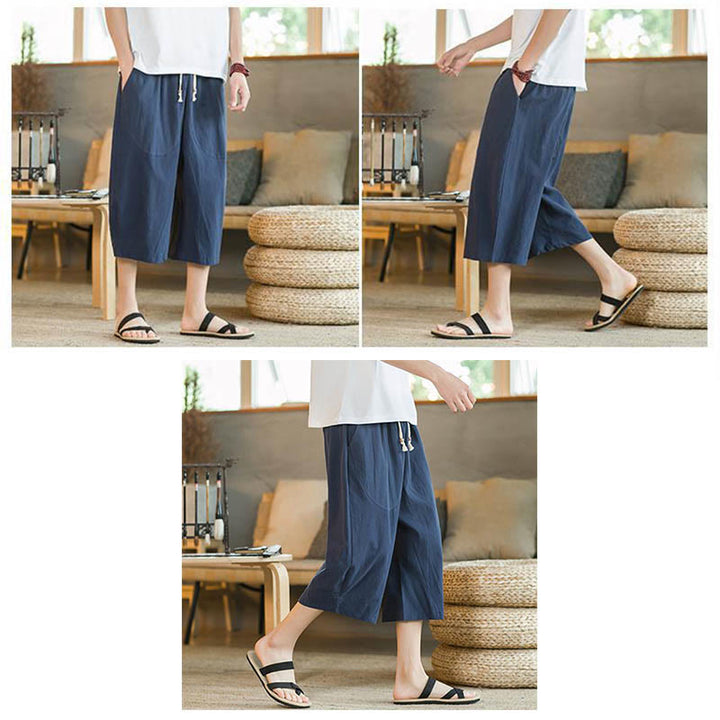 Pantaloni da uomo a gamba larga, tinta unita, lunghezza media, con tasche, con Buddha Stones. - image 14