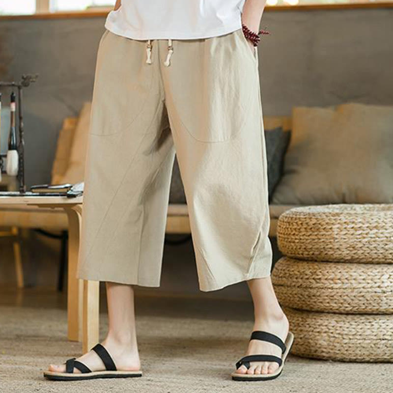 Pantaloni da uomo a gamba larga, tinta unita, lunghezza media, con tasche, con Buddha Stones. - image 6