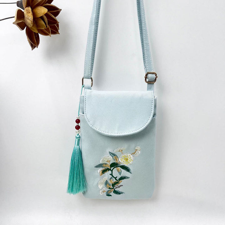 Borsa a tracolla con piccoli fiori ricamati Buddha Stones, borsa a tracolla, borsa per cellulare a doppio strato