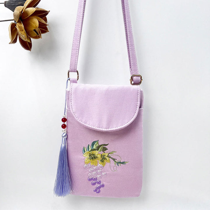 Borsa a tracolla con piccoli fiori ricamati Buddha Stones, borsa a tracolla, borsa per cellulare a doppio strato