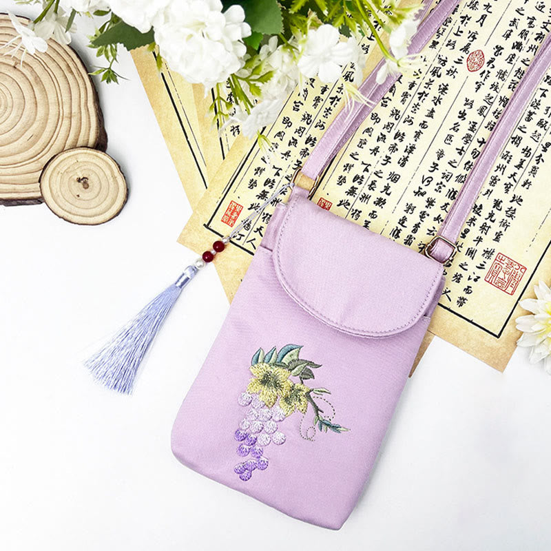 Borsa a tracolla con piccoli fiori ricamati Buddha Stones, borsa a tracolla, borsa per cellulare a doppio strato