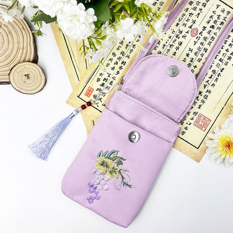 Borsa a tracolla con piccoli fiori ricamati Buddha Stones, borsa a tracolla, borsa per cellulare a doppio strato
