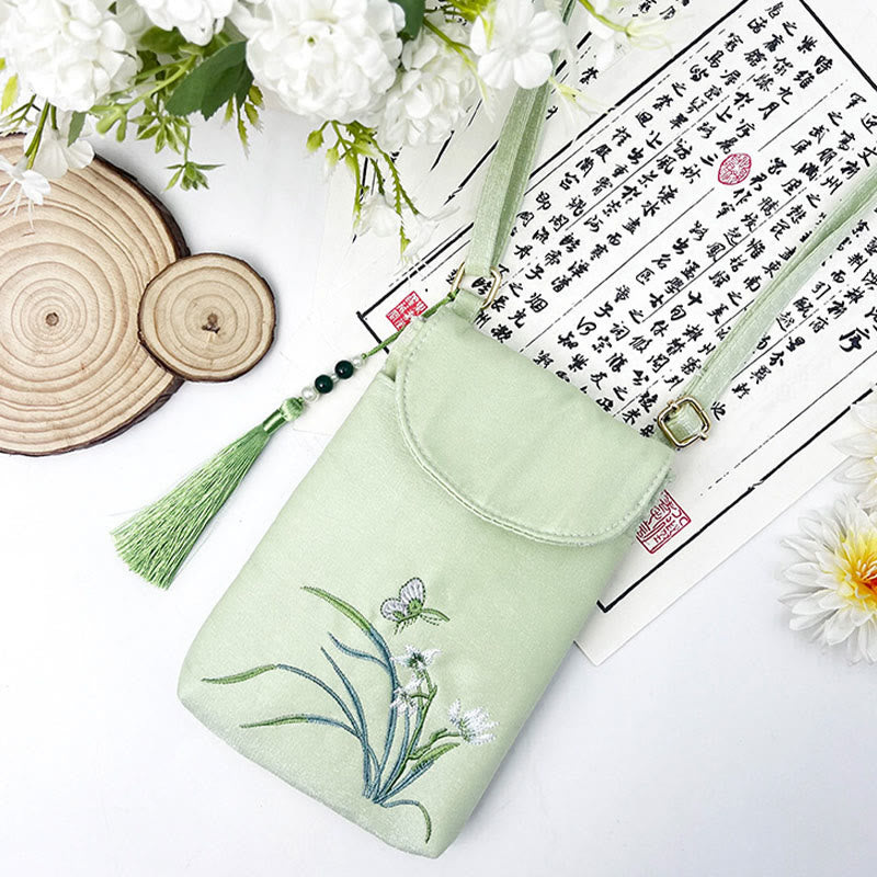 Borsa a tracolla con piccoli fiori ricamati Buddha Stones, borsa a tracolla, borsa per cellulare a doppio strato