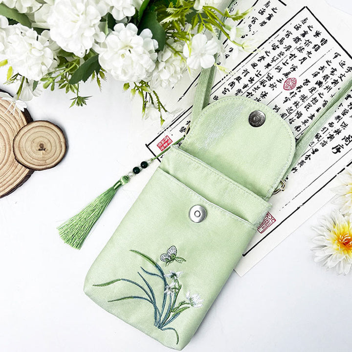 Borsa a tracolla con piccoli fiori ricamati Buddha Stones, borsa a tracolla, borsa per cellulare a doppio strato
