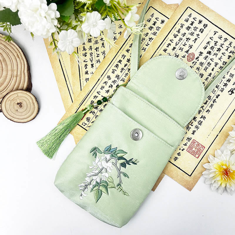 Borsa a tracolla con piccoli fiori ricamati Buddha Stones, borsa a tracolla, borsa per cellulare a doppio strato