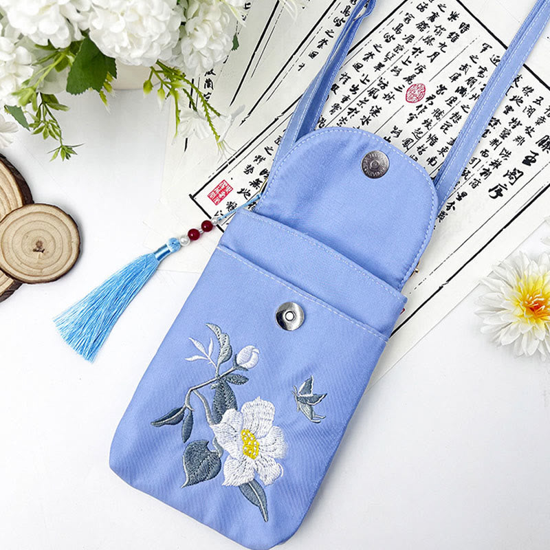 Borsa a tracolla con piccoli fiori ricamati Buddha Stones, borsa a tracolla, borsa per cellulare a doppio strato