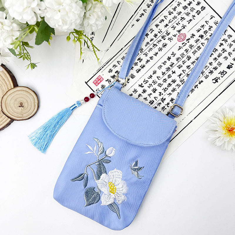 Borsa a tracolla con piccoli fiori ricamati Buddha Stones, borsa a tracolla, borsa per cellulare a doppio strato
