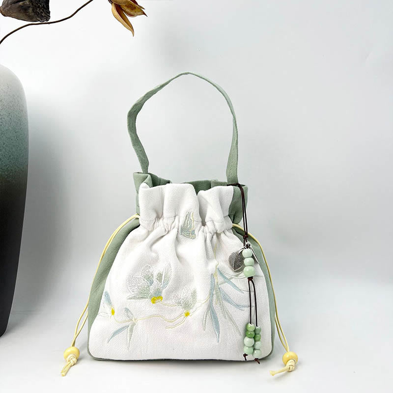 Borsa a tracolla in cotone e lino con Buddha Stones , farfalla ricamata, loto, magnolia, borsa a tracolla
